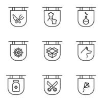 Vector line icon set for web sites, stores, banners, infographic. Signs of knife and fork, cook, bulb, steering wheel, open box, dog on signboard