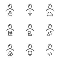 Vector line icon set for web sites, stores, banners, infographic. Signs of bulb, microphone, cloud, map, shield, programming by faceless male user