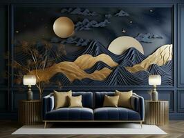 3d moderno interior hogar pared decoración. dorado y oscuro azul montañas, presentando un dorado árbol con Luna oscuro paisaje antecedentes generativo ai foto