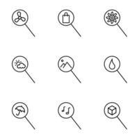 Vector line icon set for web sites, stores, banners, infographic. Signs of fan, shopping basket, flower, sun, mountain, drop, umbrella, musical note, cube in loupe