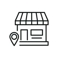 Map Pin by Store Isolated Line Icon. Perfect for web sites, apps, UI, internet, shops, stores. Simple image drawn with black thin line vector