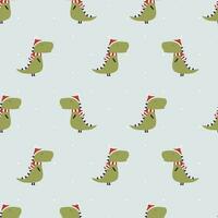Vector seamless pattern with cute dinosaurs with christmas red hat. Cartoon design for textile, books, phone cases.
