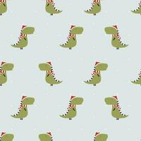 Vector seamless pattern with cute dinosaurs with christmas red hat. Cartoon design for textile, books, phone cases.