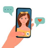 Hand holding mobile phone, video call, conversation. Face of girl on screen isolated on white background stock vector illustration. Social relations on distance concept.