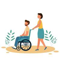 Disability man with friend or volunteer. Positive lifestyle with physical illness. Vector design in flat style in blue colours