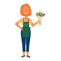 atractivo mujer en pie y participación ramo de flores de flores en manos. florista, flor tienda Servicio concepto valores vector ilustración aislado en blanco antecedentes.