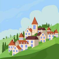 panorámico vector ilustración de rural campo con europeo casas en colinas valores vector ilustración. positivo verde escena, panorámico puntos de vista.