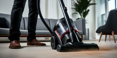cleaning the house with a vacuum cleaner from dust generative ai photo