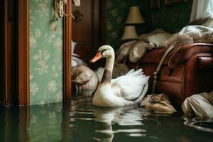 blanco cisne nada en un inundado Departamento generativo ai foto