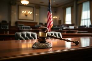 judge's gavel on the table in the court room close-up, concept of justice, law generative ai photo