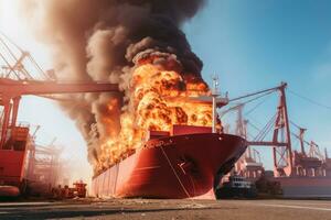 fire in the seaport burning ship, cargo ship with grain after the explosion generative ai photo