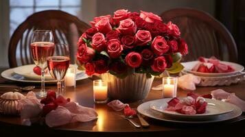 romantic dinner with a red rose bouquet generative ai photo