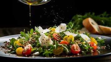 green fresh salad with arugula, tomato cheese and olive oil generative ai photo
