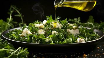 green fresh salad with arugula, cheese and olive oil generative ai photo