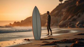 surfer and board on the evening beach generative ai photo