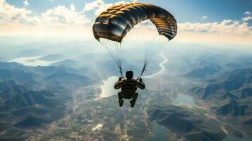 paracaidista en cielo disfruta el puntos de vista a alto altitud generativo ai foto