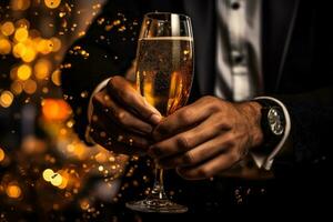 man hand holding a glass of champagne generative ai photo