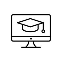 Computer, desktop display with mortarboard, graduation cap, education concept icon in line style design isolated on white background. Editable stroke. vector