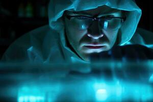 Researcher in protective uniform in laboratory. Generative AI photo