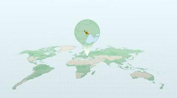 World map in perspective showing the location of the country Moldova with detailed map with flag of Moldova. vector