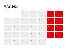 2024 May planner calendar design. Week starts from Monday. vector