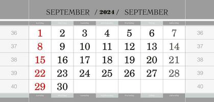 September 2024 quarterly calendar block. Wall calendar in English, week starts from Sunday. vector
