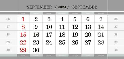 septiembre 2024 trimestral calendario bloquear. pared calendario en inglés, semana empieza desde domingo. vector