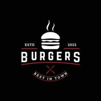 Retro vintage hot burger fresh and tasty logo design. Logo for restaurant, business, label, badge and emblem. vector