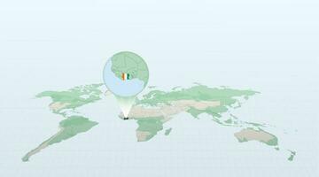 World map in perspective showing the location of the country Ivory Coast with detailed map with flag of Ivory Coast. vector