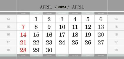 abril 2024 trimestral calendario bloquear. pared calendario en inglés, semana empieza desde domingo. vector