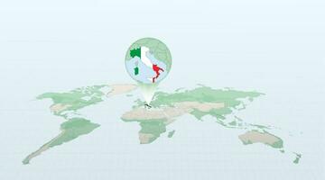 World map in perspective showing the location of the country Italy with detailed map with flag of Italy. vector