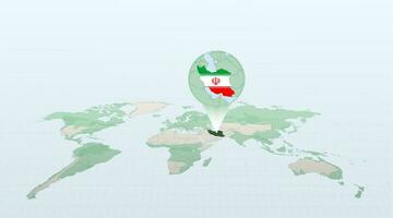 World map in perspective showing the location of the country Iran with detailed map with flag of Iran. vector