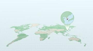 mundo mapa en perspectiva demostración el ubicación de el país sur Corea con detallado mapa con bandera de sur Corea. vector