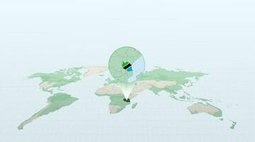 World map in perspective showing the location of the country Tanzania with detailed map with flag of Tanzania. vector