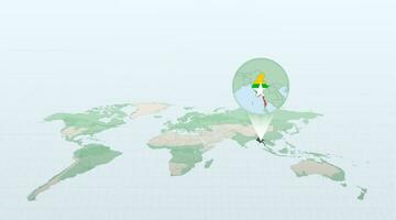 World map in perspective showing the location of the country Myanmar with detailed map with flag of Myanmar. vector