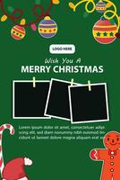 vector template for merry Christmas poster, banner, social media post, with green background and polaroid Christmas ornaments for photos