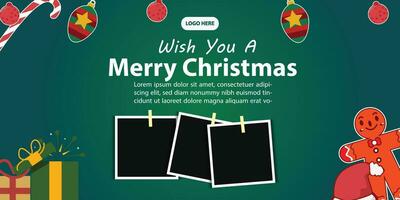 vector template for merry Christmas poster, banner, social media post, with green background and polaroid Christmas ornaments for photos