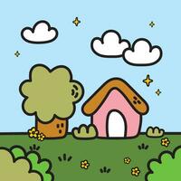 flat design vector cute kawaii colorful house tree illustration collection