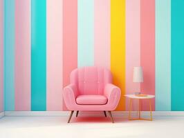 Pastel multi-color vibrant groovy retro striped background wall frame with bright armchair interior home design generative ai photo