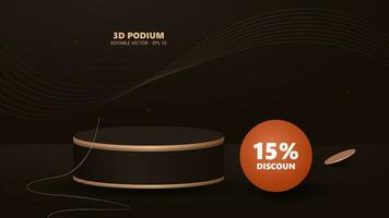 Product display podium with golden curve line decoration and gold light effect elements and discount mark. Black luxury style background. vector