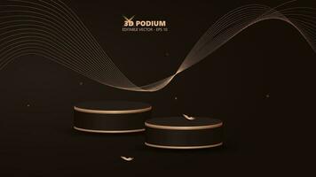 Abstract realistic 3D black cylinder pedestal podium set with dark rectangle background. Luxury black friday sale scene for product display presentation. vector