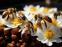 A captivating macro view of a busy beehive, with worker bees tirelessly collecting nectar from a variety of flowers generative ai photo