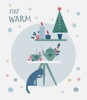 Winter card with a cup and teapot on the table, Christmas tree, cat. Stay warm. vector