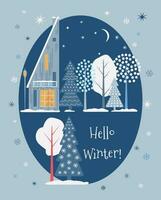 Christmas winter card. Scandinavian houses and snow-covered trees. Hello winter. vector