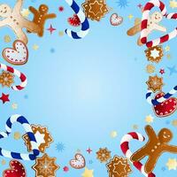 Merry Christmas background with candies, cookies and confetti. vector