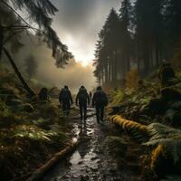 A group of diverse friends hiking through a dense forest generative ai photo