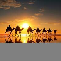 Camels silhouette on the salt lake at sunrise generative ai photo