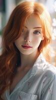 Beautiful woman with long red curly hair, red head. Generative AI photo