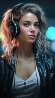 Beautiful girl wearing headset. Generative AI photo