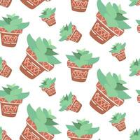 Cute seamless cactus pattern with plant pot on white background. Vector image of a petal prickly houseplant scattered rotated in different directions. Green cactus for printing on textiles and paper
